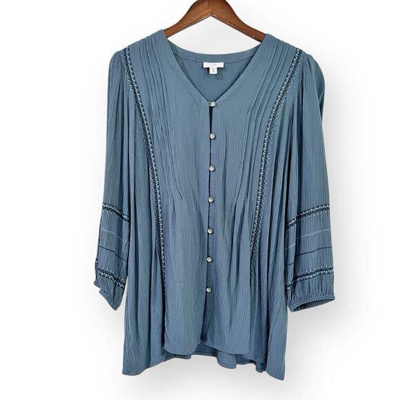 J. Jill Tops - J. Jill Size MP Embroidered Crepe Rayon Pintucked Button Down Tunic Blue Spruce
